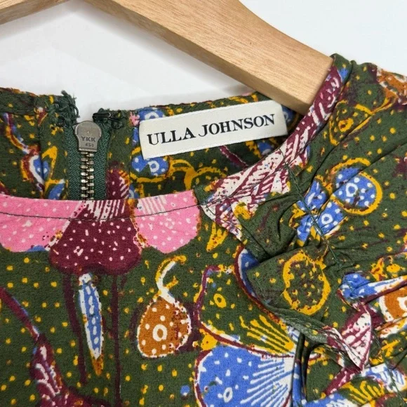 Ulla Johnson Green Devya Floral Print Ruffle Cotton Short Mini Dress - Picture 7 of 10